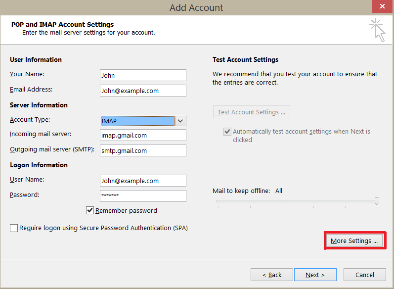 gmail imap account settings for outlook 365